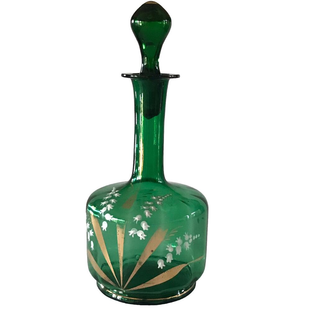 Hand Blown Glass Decanter 10" Hand Painted Flowers Green Gold Stopper Signed